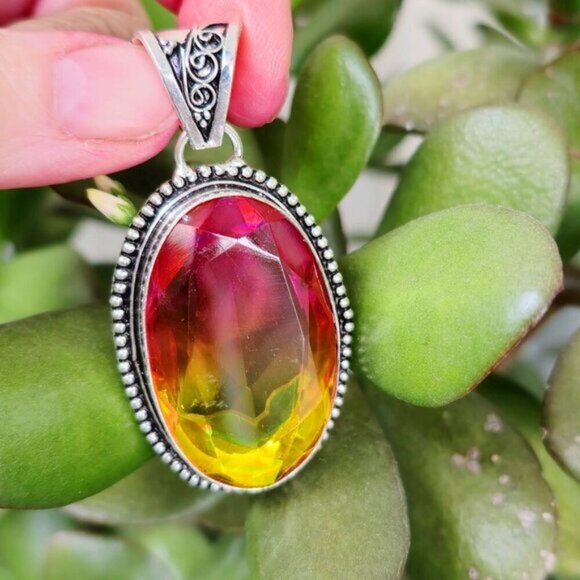 Bi-Color Tourmaline ✦ Sterling Silver Pendant ✦ Victorian Oval Pink & Yellow NWT - Picture 3 of 16